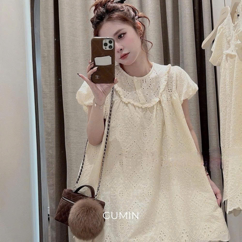 Đầm babydoll thô boi GUMIN thiết kế cổ tròn tay bồng dáng xoè nhẹ chữ A tiểu thư, váy dáng suông nữ thanh lịch sang trọn