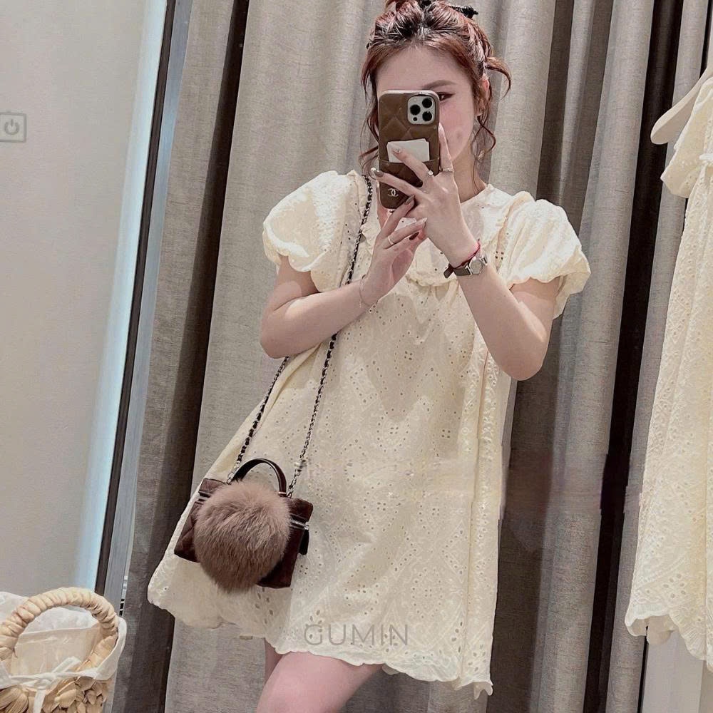 Đầm babydoll thô boi GUMIN thiết kế cổ tròn tay bồng dáng xoè nhẹ chữ A tiểu thư, váy dáng suông nữ thanh lịch sang trọn