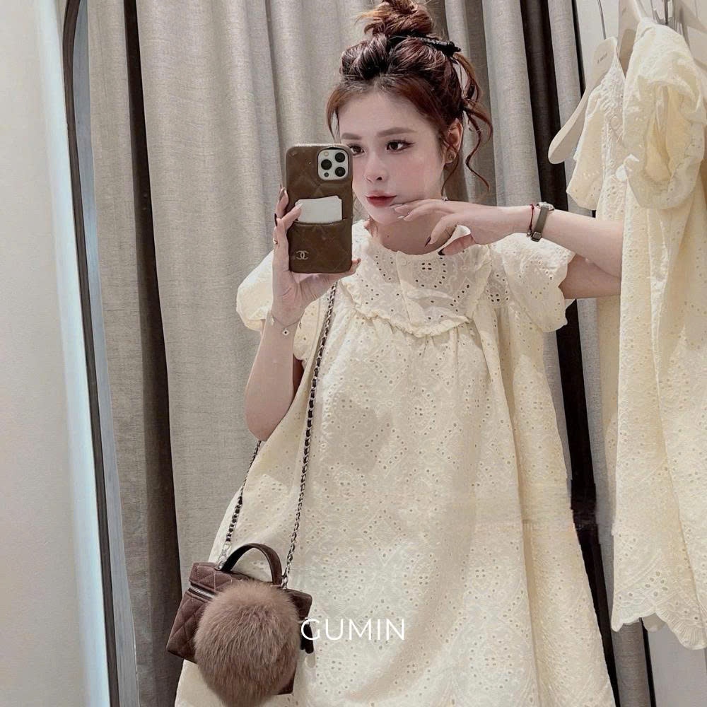 Đầm babydoll thô boi GUMIN thiết kế cổ tròn tay bồng dáng xoè nhẹ chữ A tiểu thư, váy dáng suông nữ thanh lịch sang trọn