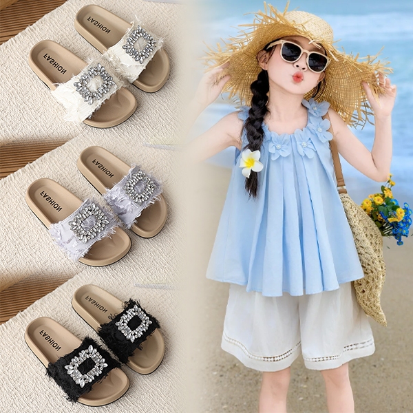 Bella Neman Dép trẻ em đế mềm chống trượt, đính đá lụa, phù hợp bé 1-8 tuổi đi chơi ngoài trời