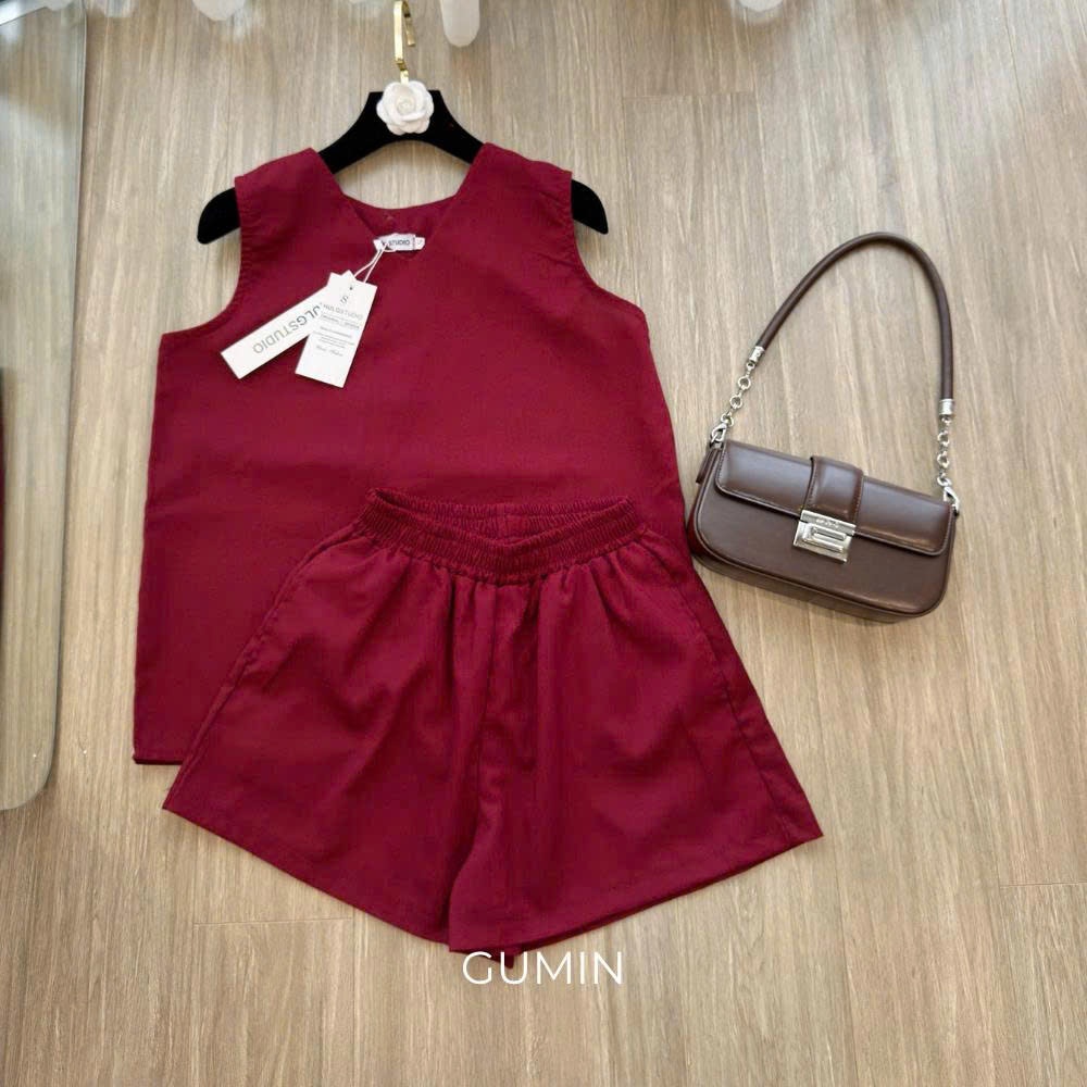 Set bộ sát nách đỏ GUMIN thiết kế áo ba lỗ dáng suông kèm quần short sang chảnh, Set đồ nữ mặc nhà ba lỗ nhẹ nhàng thanh