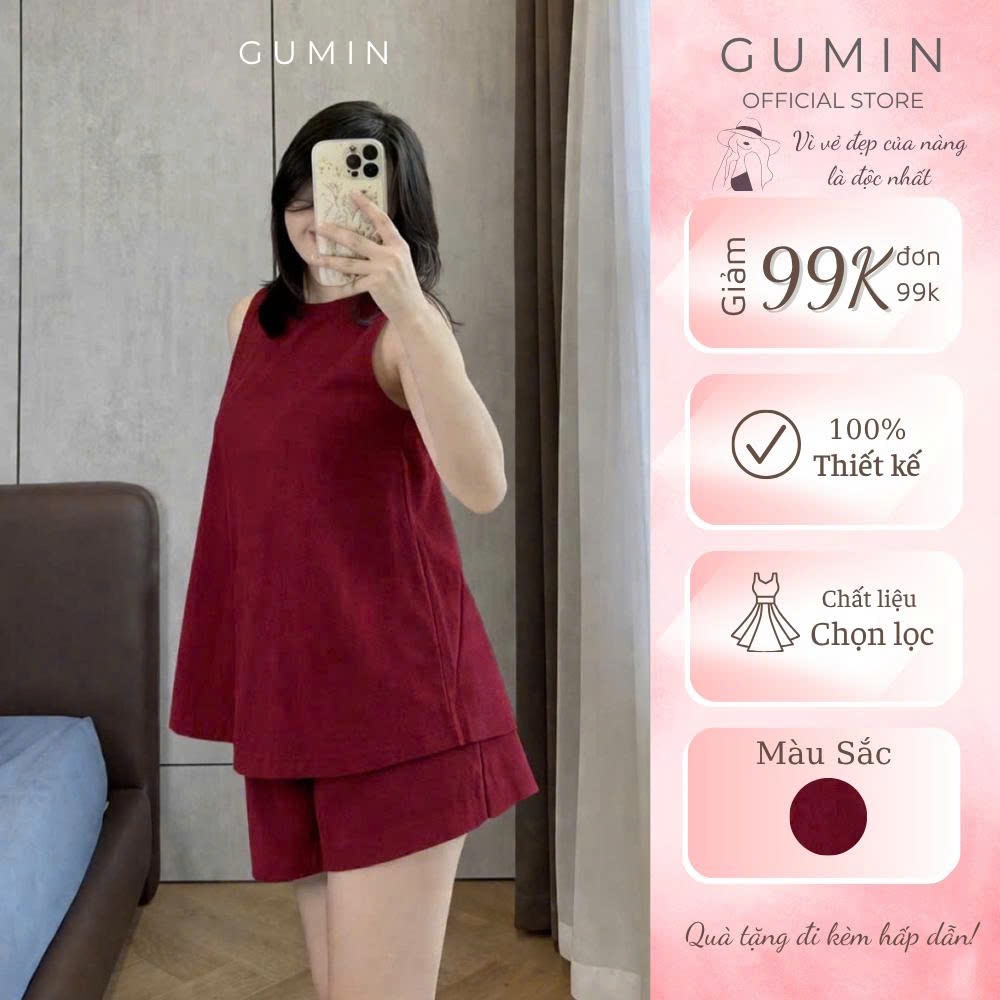 Set bộ sát nách đỏ GUMIN thiết kế áo ba lỗ dáng suông kèm quần short sang chảnh, Set đồ nữ mặc nhà ba lỗ nhẹ nhàng thanh
