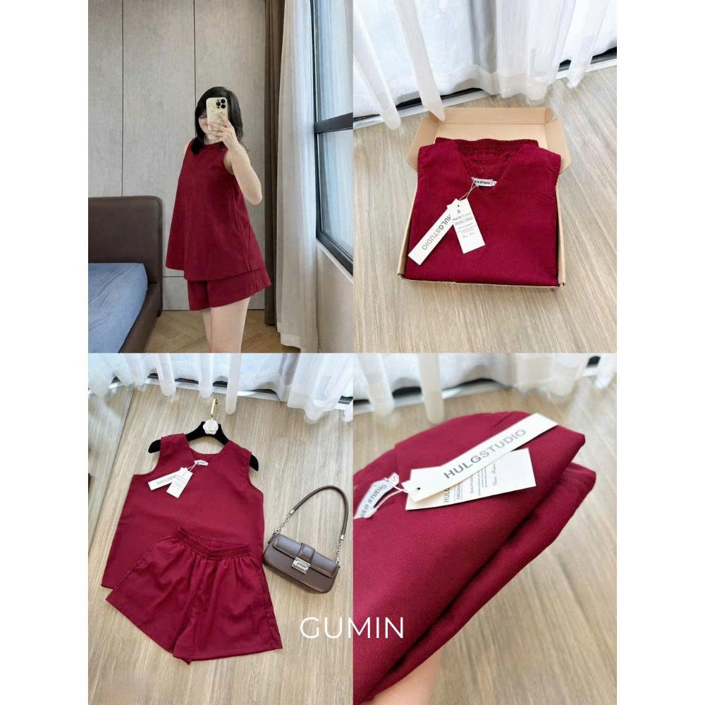 Set bộ sát nách đỏ GUMIN thiết kế áo ba lỗ dáng suông kèm quần short sang chảnh, Set đồ nữ mặc nhà ba lỗ nhẹ nhàng thanh