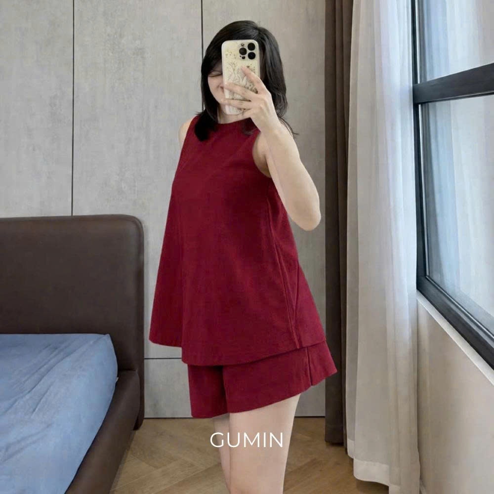 Set bộ sát nách đỏ GUMIN thiết kế áo ba lỗ dáng suông kèm quần short sang chảnh, Set đồ nữ mặc nhà ba lỗ nhẹ nhàng thanh