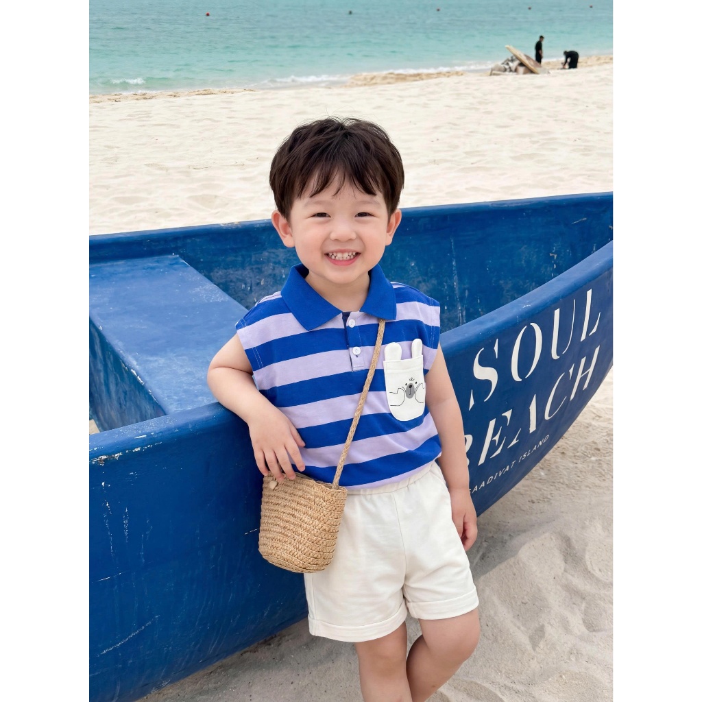 Set bộ polo cộc tay bé trai kẻ sọc mix túi hình gấu cute Miniumbaby, chất vải cotton mềm mát SB2742