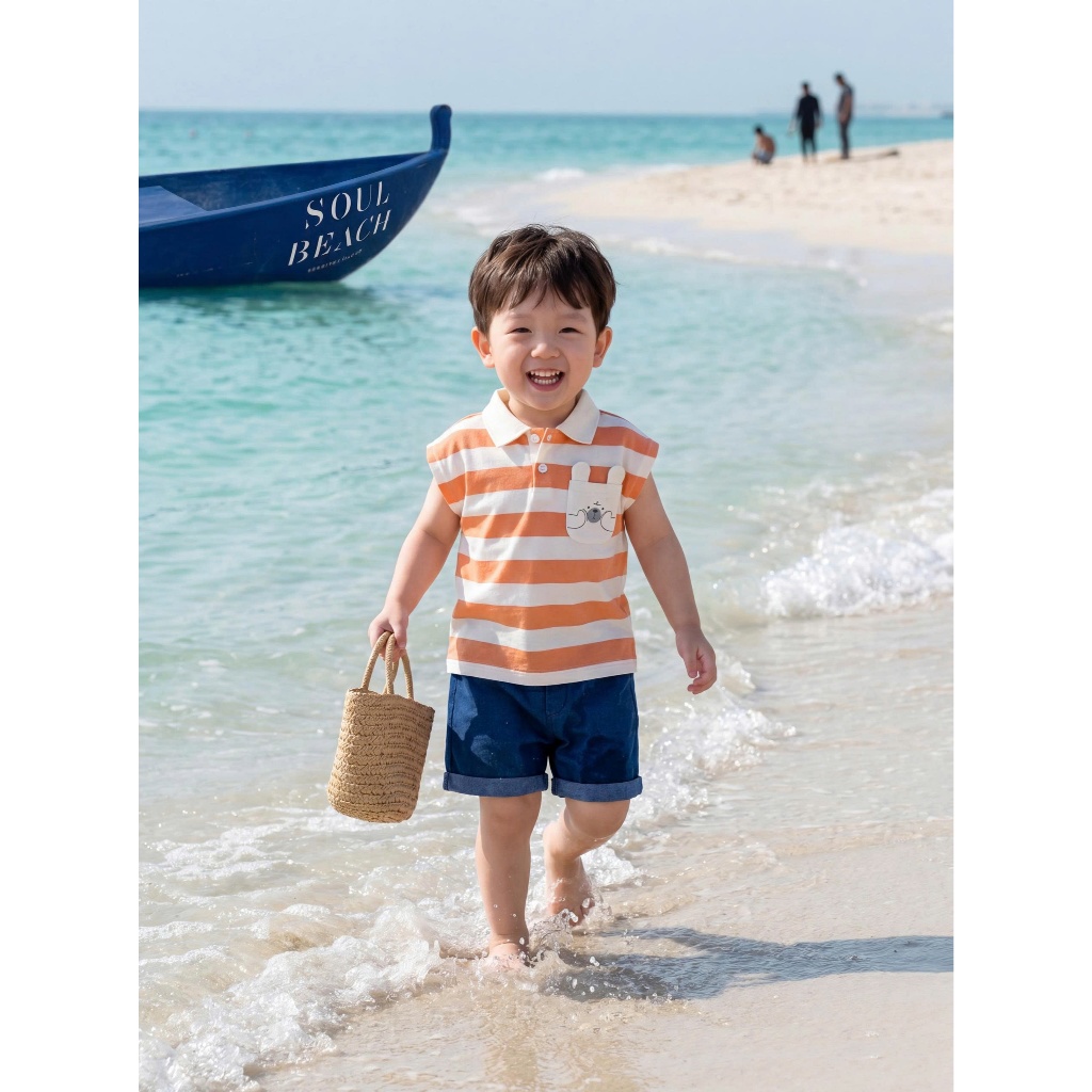 Set bộ polo cộc tay bé trai kẻ sọc mix túi hình gấu cute Miniumbaby, chất vải cotton mềm mát SB2742
