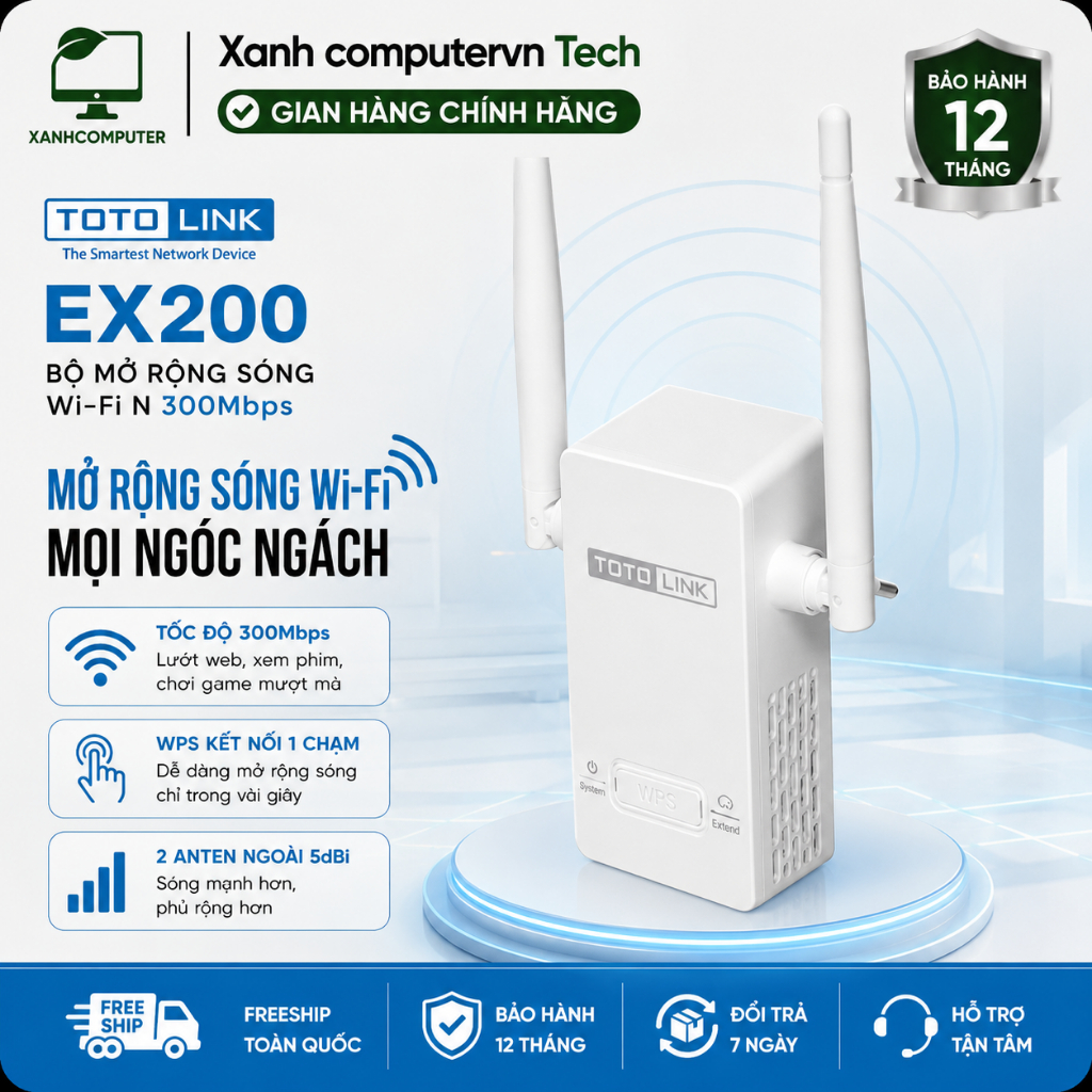 Bộ Mở rộng sóng TOTOLINK EX200 Wi-Fi chuẩn N 300Mbps Hàng chính hãng New