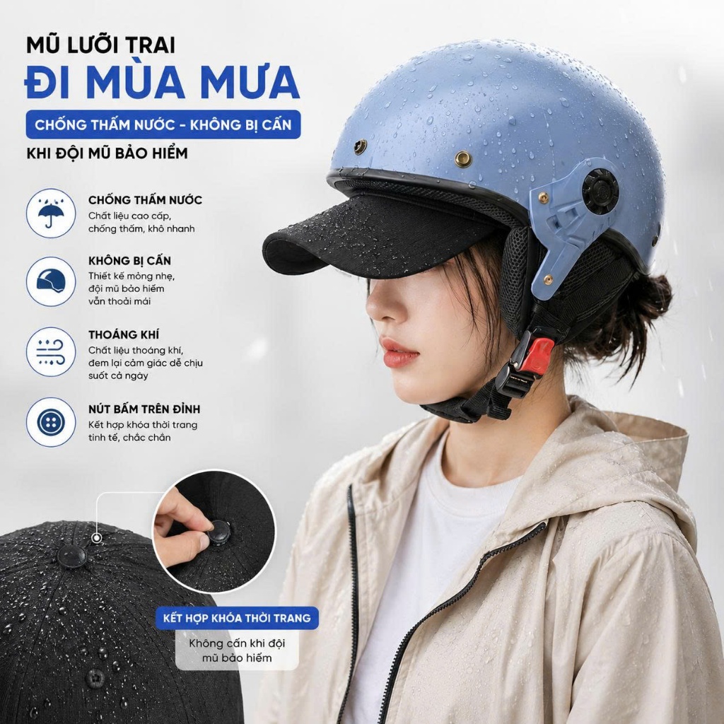 Mũ Lưỡi Trai đội mùa Mưa Không Nút có thể kết hợp với Mũ Bảo Hiểm