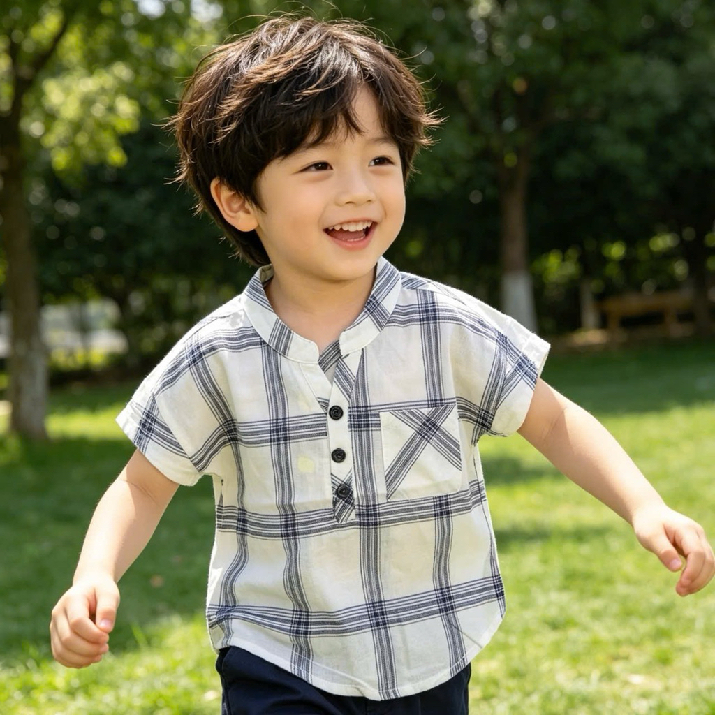 [Sale lỗi nhẹ] Áo sơ mi cổ tàu bé trai L073 1–7 tuổi (9–26kg) giá rẻ