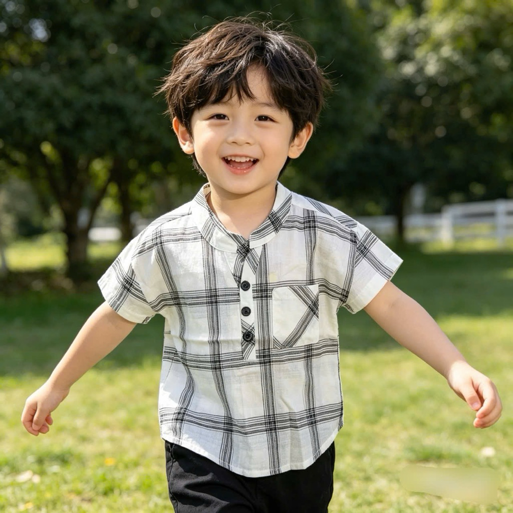 [Sale lỗi nhẹ] Áo sơ mi cổ tàu bé trai L073 1–7 tuổi (9–26kg) giá rẻ