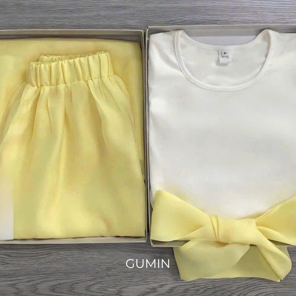 Set bộ áo váy GUMIN thiết kế áo thun trắng kèm chân váy bồng dáng xoè dài tiểu thư, Set đồ nữ đi biển thanh lịch