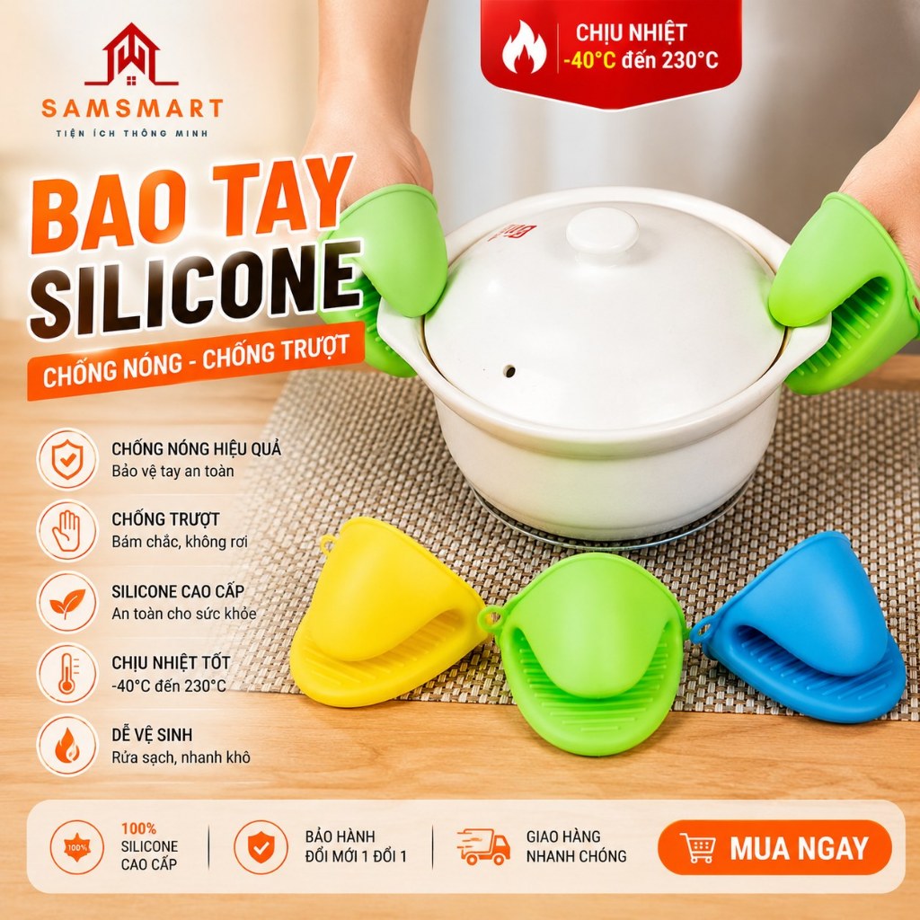 Miếng Nhấc Nồi Silicon Chịu Nhiệt Cao Có Móc Treo – Găng Tay Cách Nhiệt Chống Nóng (1 Cặp)