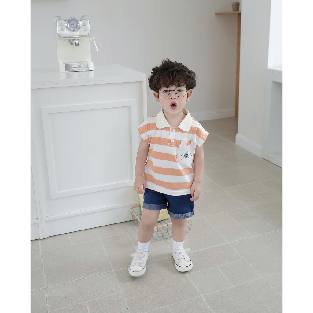 Set bộ polo cộc tay bé trai kẻ sọc mix túi hình gấu cute Miniumbaby, chất vải cotton mềm mát SB2742