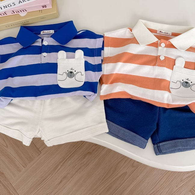Set bộ polo cộc tay bé trai kẻ sọc mix túi hình gấu cute Miniumbaby, chất vải cotton mềm mát SB2742