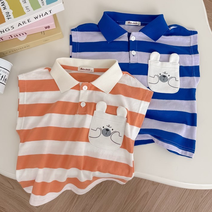 Set bộ polo cộc tay bé trai kẻ sọc mix túi hình gấu cute Miniumbaby, chất vải cotton mềm mát SB2742