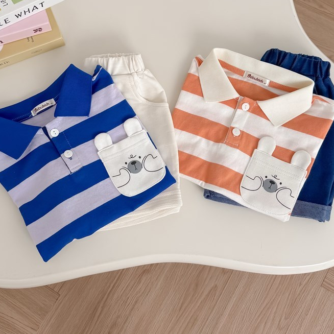 Set bộ polo cộc tay bé trai kẻ sọc mix túi hình gấu cute Miniumbaby, chất vải cotton mềm mát SB2742