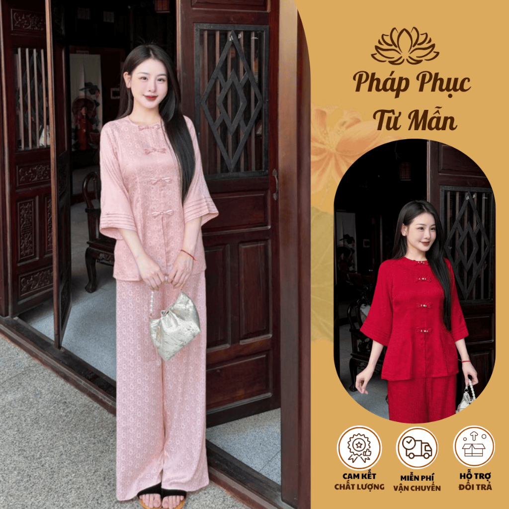Bộ đồ đi chùa cổ tròn cách tân lụa gấm tay xếp ly Đồ lam đi chùa nữ tiểu thư gấm mềm mịn
