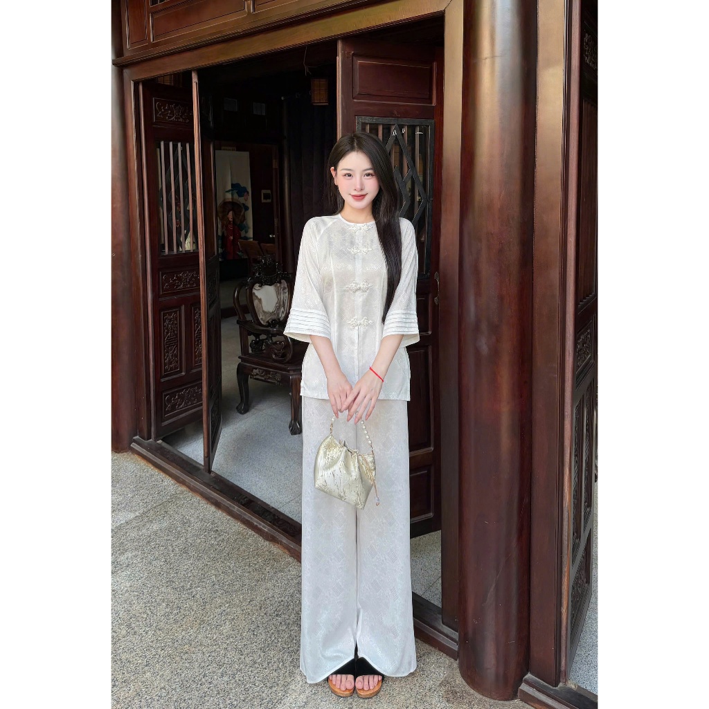 Bộ đồ đi chùa cổ tròn cách tân lụa gấm tay xếp ly Đồ lam đi chùa nữ tiểu thư gấm mềm mịn