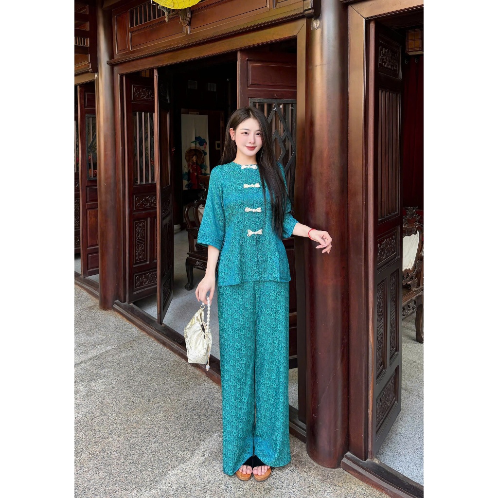 Bộ đồ đi chùa cổ tròn cách tân lụa gấm tay xếp ly Đồ lam đi chùa nữ tiểu thư gấm mềm mịn