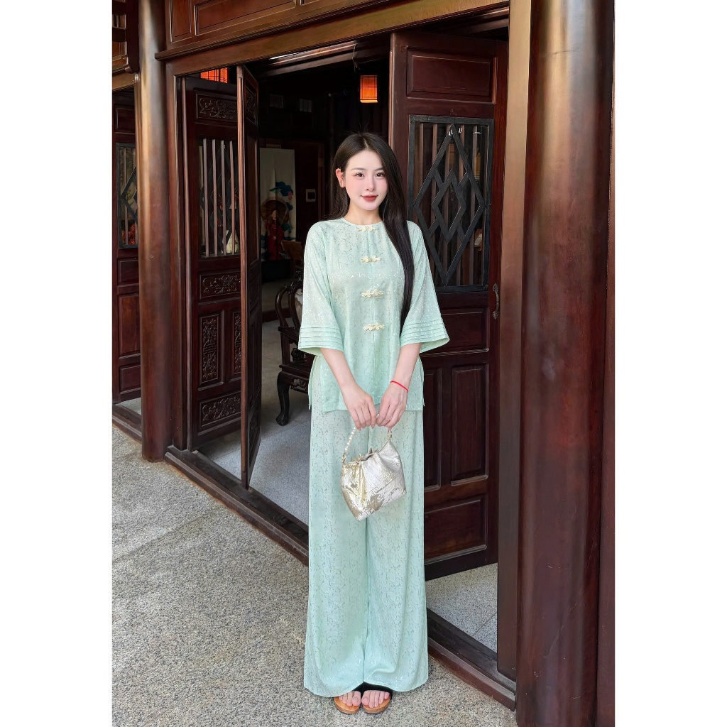 Bộ đồ đi chùa cổ tròn cách tân lụa gấm tay xếp ly Đồ lam đi chùa nữ tiểu thư gấm mềm mịn