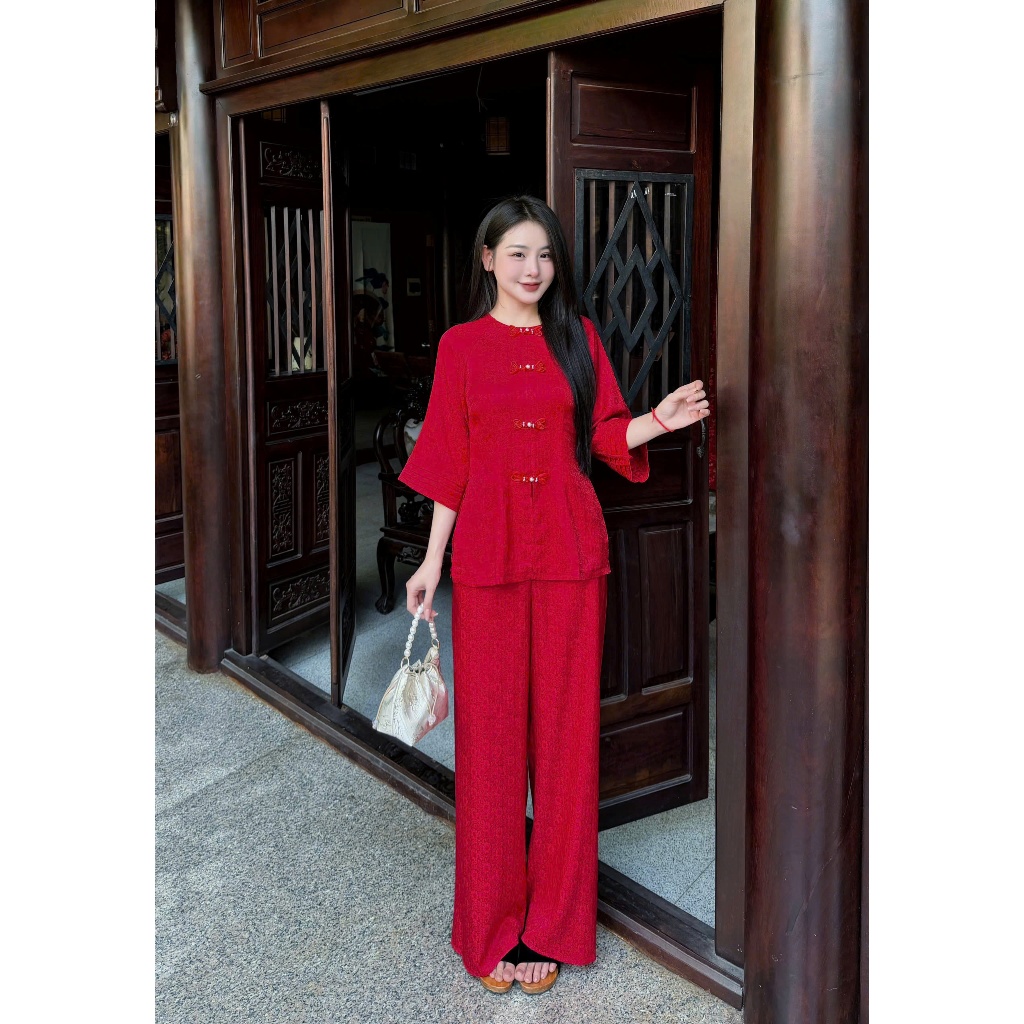 Bộ đồ đi chùa cổ tròn cách tân lụa gấm tay xếp ly Đồ lam đi chùa nữ tiểu thư gấm mềm mịn
