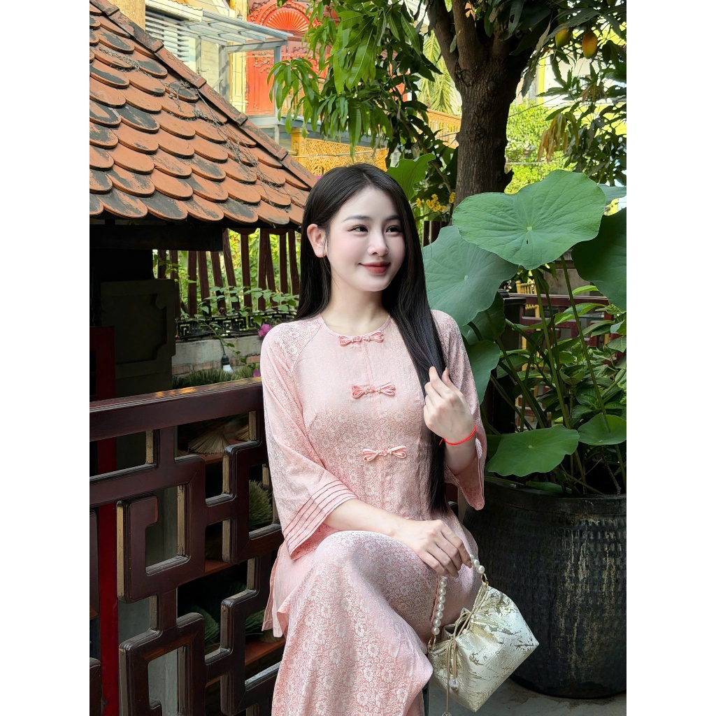 Bộ đồ đi chùa cổ tròn cách tân lụa gấm tay xếp ly Đồ lam đi chùa nữ tiểu thư gấm mềm mịn