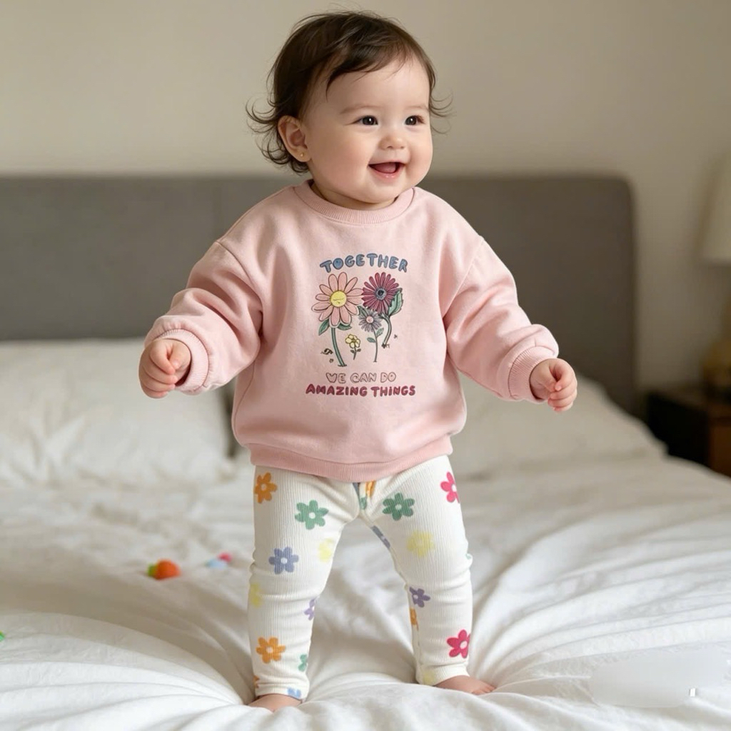 Bộ Nỉ Bé Gái Sơ Sinh Họa Tiết Hoa Hồng Xinh Xắn C5546 Xuất Dư Size 0-3M / 3-6M (3-7kg)