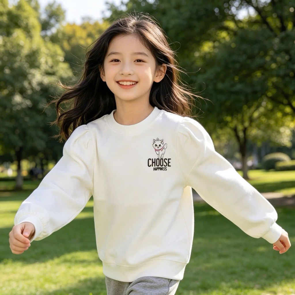 [Sale Lỗi Nhẹ] Áo Nỉ Bông Bé Gái C2660 In Hình Chú Mèo Dễ Thương Xuất Dư Size 10Y (27-30kg)