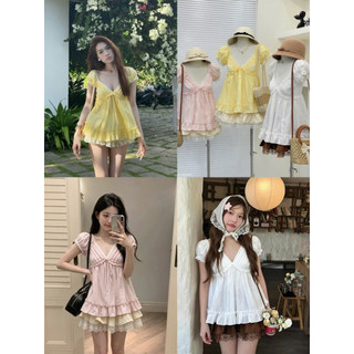 SEP House - Set áo xô babydoll cổ V xếp ly viền bèo tay bo chun phối chân váy voan bèo tầng 3 màu trẻ trung -Hàng loại 1