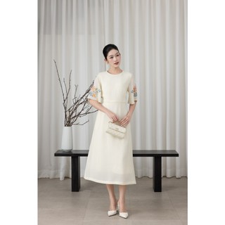SWANLAKE | Váy Đầm Nữ Cổ Tròn Tay Lỡ Cánh Tiên Chất Tơ Xốp Hai Lớp Thêu Hoa Chiết Eo Đi Tiệc D13571