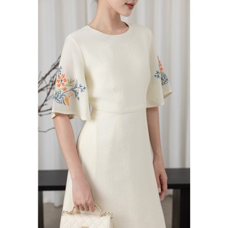 SWANLAKE | Váy Đầm Nữ Cổ Tròn Tay Lỡ Cánh Tiên Chất Tơ Xốp Hai Lớp Thêu Hoa Chiết Eo Đi Tiệc D13571