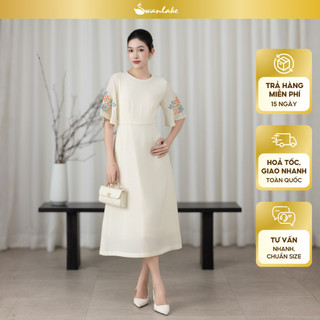 SWANLAKE | Váy Đầm Nữ Cổ Tròn Tay Lỡ Cánh Tiên Chất Tơ Xốp Hai Lớp Thêu Hoa Chiết Eo Đi Tiệc D13571