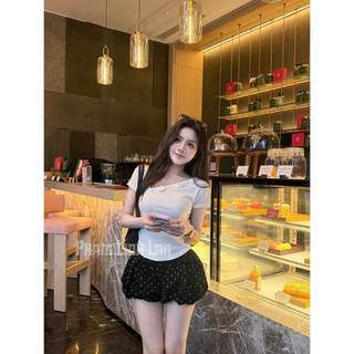 Quần sooc thô jeans ống bí hoạ tiết chấm bi lưng chun #920