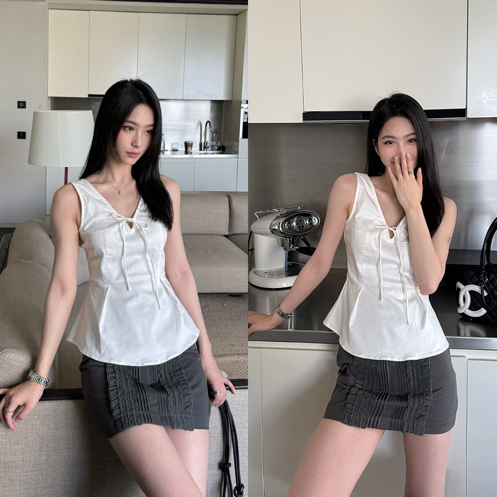 Áo Sát Nách Cổ V Buộc Dây Trước Ngực Nhún Bèo Tiểu Thư Xinh Xắn Phù Hợp Đi Chơi Dạo Phố (B523)