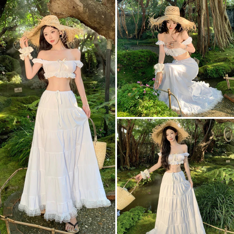 [CÓ MÚT/SẴN] Set Váy Maxi Trễ Vai Trắng – Thiết Kế Hai Mảnh Nữ Tính, Chuẩn Style Biển Hè, Du Lịch