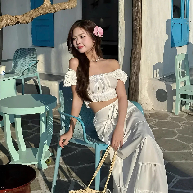[CÓ MÚT/SẴN] Set Váy Maxi Trễ Vai Trắng – Thiết Kế Hai Mảnh Nữ Tính, Chuẩn Style Biển Hè, Du Lịch
