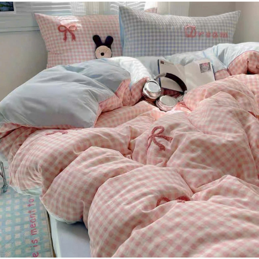 Set Chăn Ga Gối Đũi Cotton Họa Tiết Hàn Quốc - Set Vỏ Chăn và Chăn Chần 4 Món Cao Cấp - Nhà Shy Home Decor