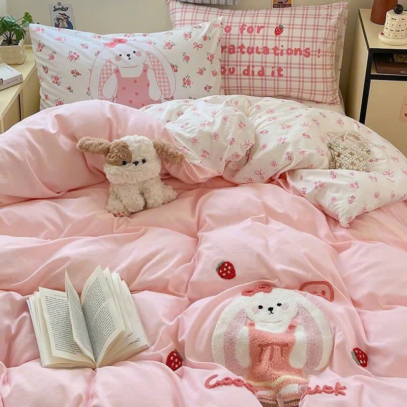 Set Chăn Ga Gối Đũi Cotton Họa Tiết Hàn Quốc - Set Vỏ Chăn và Chăn Chần 4 Món Cao Cấp - Nhà Shy Home Decor
