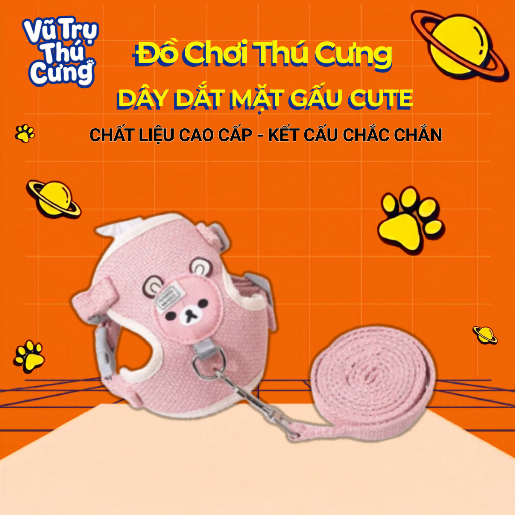 Dây dắt chó mèo dạng Yếm đeo, hoạ tiết mặt gấu dễ thương