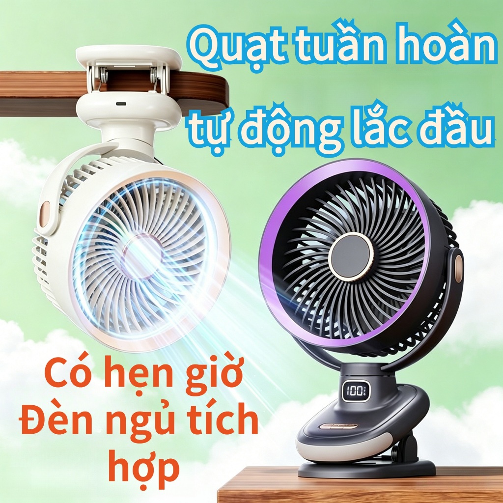Quạt đa năng 3 trong 1|5 Cấp Tốc Độ|có đèn đêm|20000mAh|Xoay tự động|Treo tường/Kẹp/Để bàn|12h+ Dùng