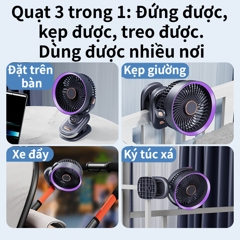Quạt đa năng 3 trong 1|5 Cấp Tốc Độ|có đèn đêm|20000mAh|Xoay tự động|Treo tường/Kẹp/Để bàn|12h+ Dùng