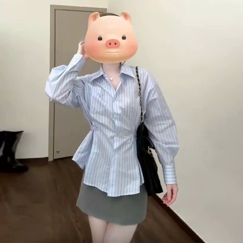 Áo Sơ Mi Kẻ Sọc Nữ Chiết Eo Peplum, Áo Công Sở Dài Tay Cao Cấp Tôn Dáng Élan Sweet