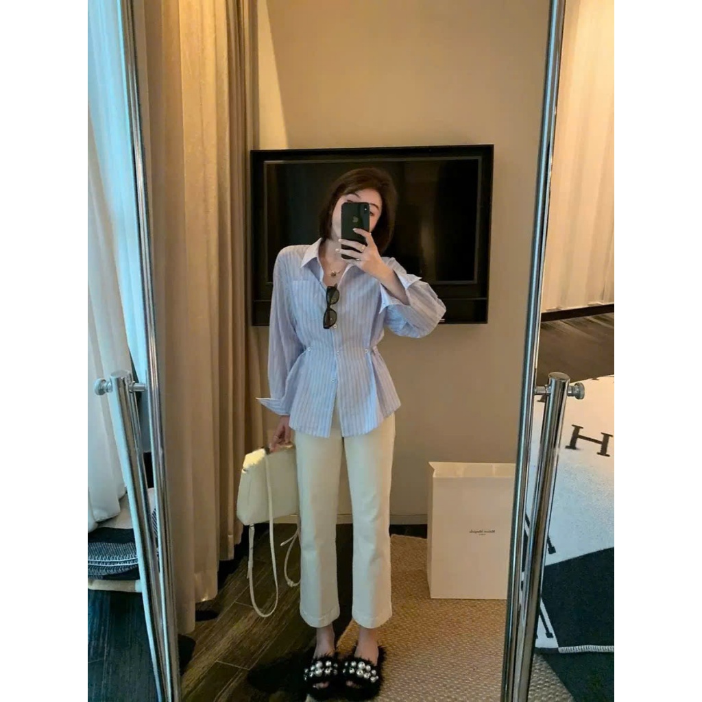 Áo Sơ Mi Kẻ Sọc Nữ Chiết Eo Peplum, Áo Công Sở Dài Tay Cao Cấp Tôn Dáng Élan Sweet