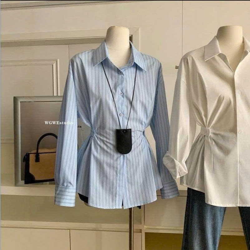 Áo Sơ Mi Kẻ Sọc Nữ Chiết Eo Peplum, Áo Công Sở Dài Tay Cao Cấp Tôn Dáng Élan Sweet