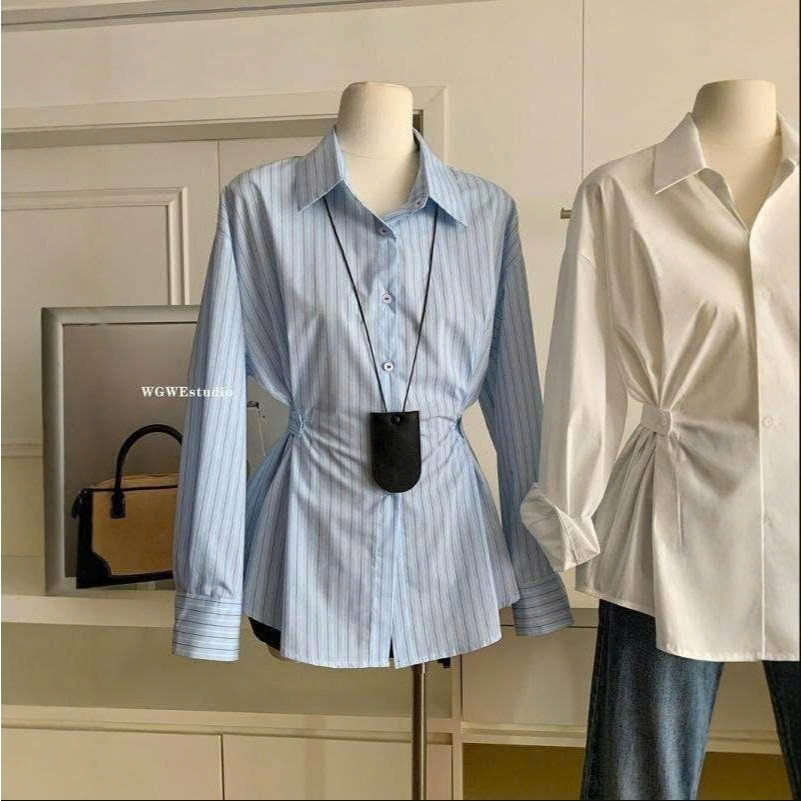 Áo Sơ Mi Kẻ Sọc Nữ Chiết Eo Peplum, Áo Công Sở Dài Tay Cao Cấp Tôn Dáng Élan Sweet