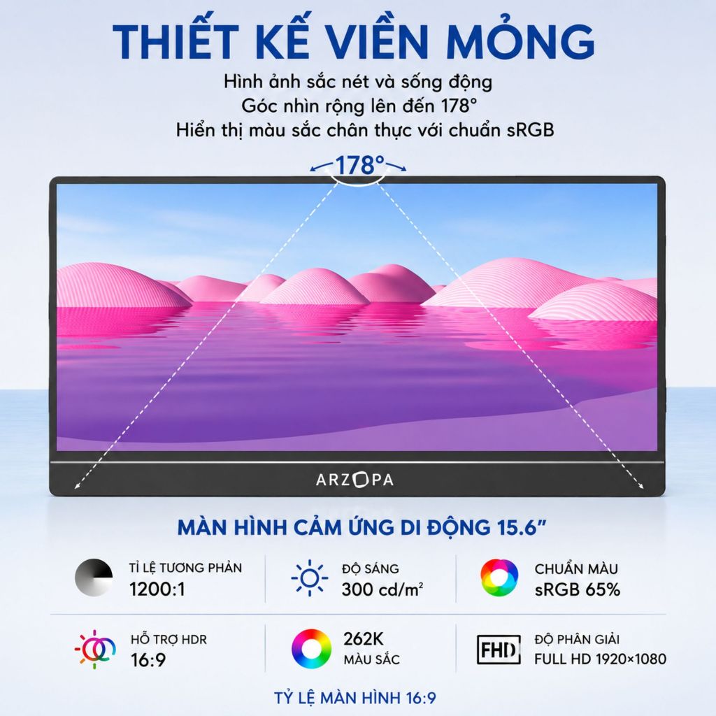 Màn hình di động cảm ứng ARZOPA A1T 15,6 Inch 60Hz FHD 1080P IPS 350nits | Laptop, Mobile, PC, MAC