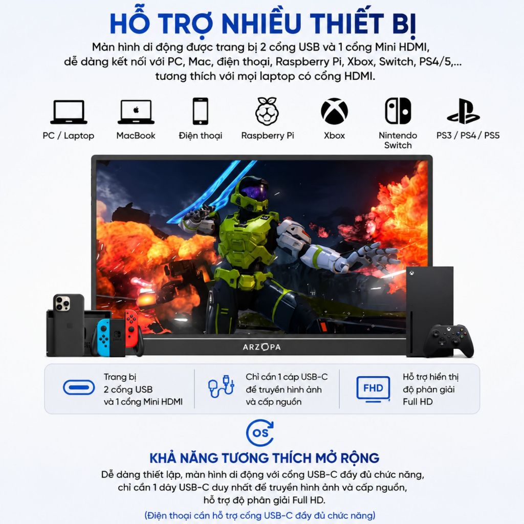 Màn hình di động cảm ứng ARZOPA A1T 15,6 Inch 60Hz FHD 1080P IPS 350nits | Laptop, Mobile, PC, MAC