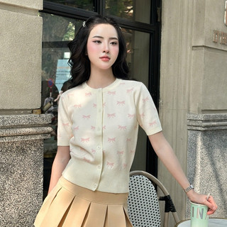 Áo len cộc tay dáng cardigan chất len lông thỏ họa tiết thêu nơ cao cấp phù hợp mặc mùa hè ALC04 300G