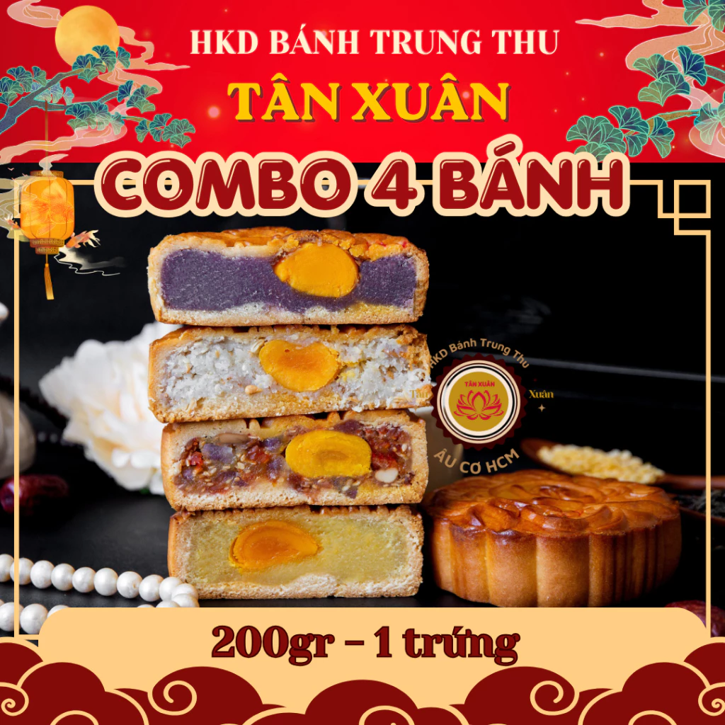 Hộp Bình Dân kèm 4 bánh trung thu Tân Xuân loại 200g 1trứng