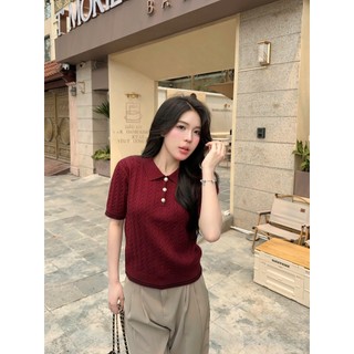 Áo len ngắn tay mùa hè màu đỏ đô sang trọng phối cúc cổ bẻ thanh lịch len lông thỏ cao cấp PL31 DELIZ 300G